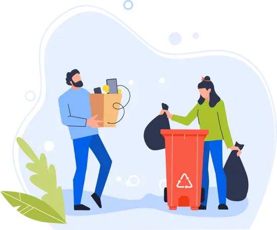 Two people carrying recycling and bin bags to a red wheelie bin