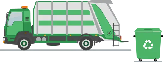 Green refuse collection lorry with a wheelie bin ready for collection