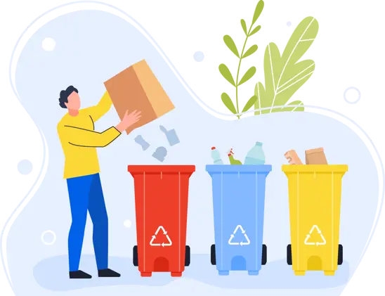 Man putting flattened cardboard into a recycling bin beside red, blue and yellow bins