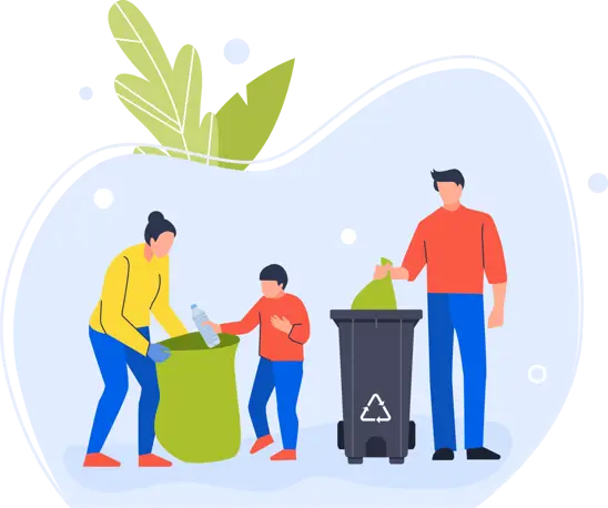 Family putting bottles and recycling into green and grey wheelie bins