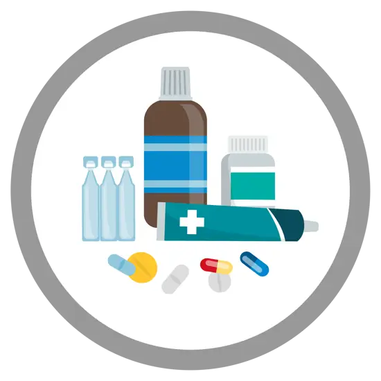 Clinical waste icon showing medicine bottles, pills and a syringe