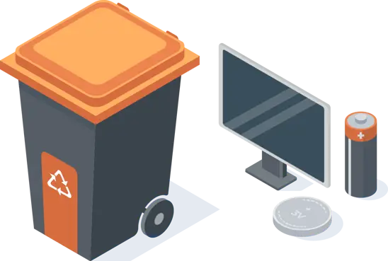 Wheelie bin beside a computer monitor and battery representing electrical waste