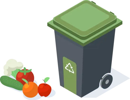 Green lidded food waste bin beside fruit and vegetable scraps