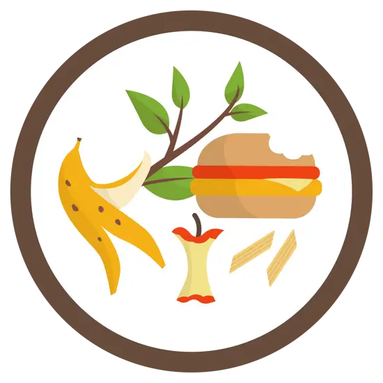 Food waste icon showing a banana skin, apple core, burger and chips