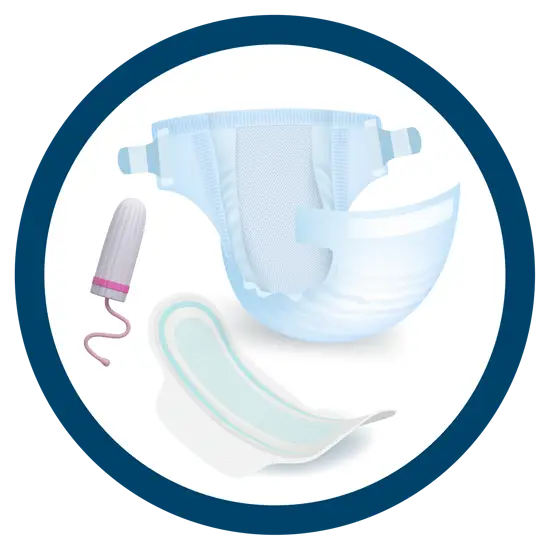 Sanitary waste icon showing a nappy, sanitary towel and tampon