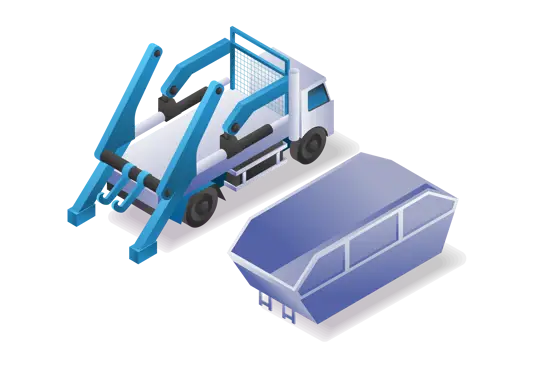 Skip lorry delivering a blue skip